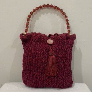 Vintage Burgundy Chenille Knit Crochet Beaded Handle Tassel Bag